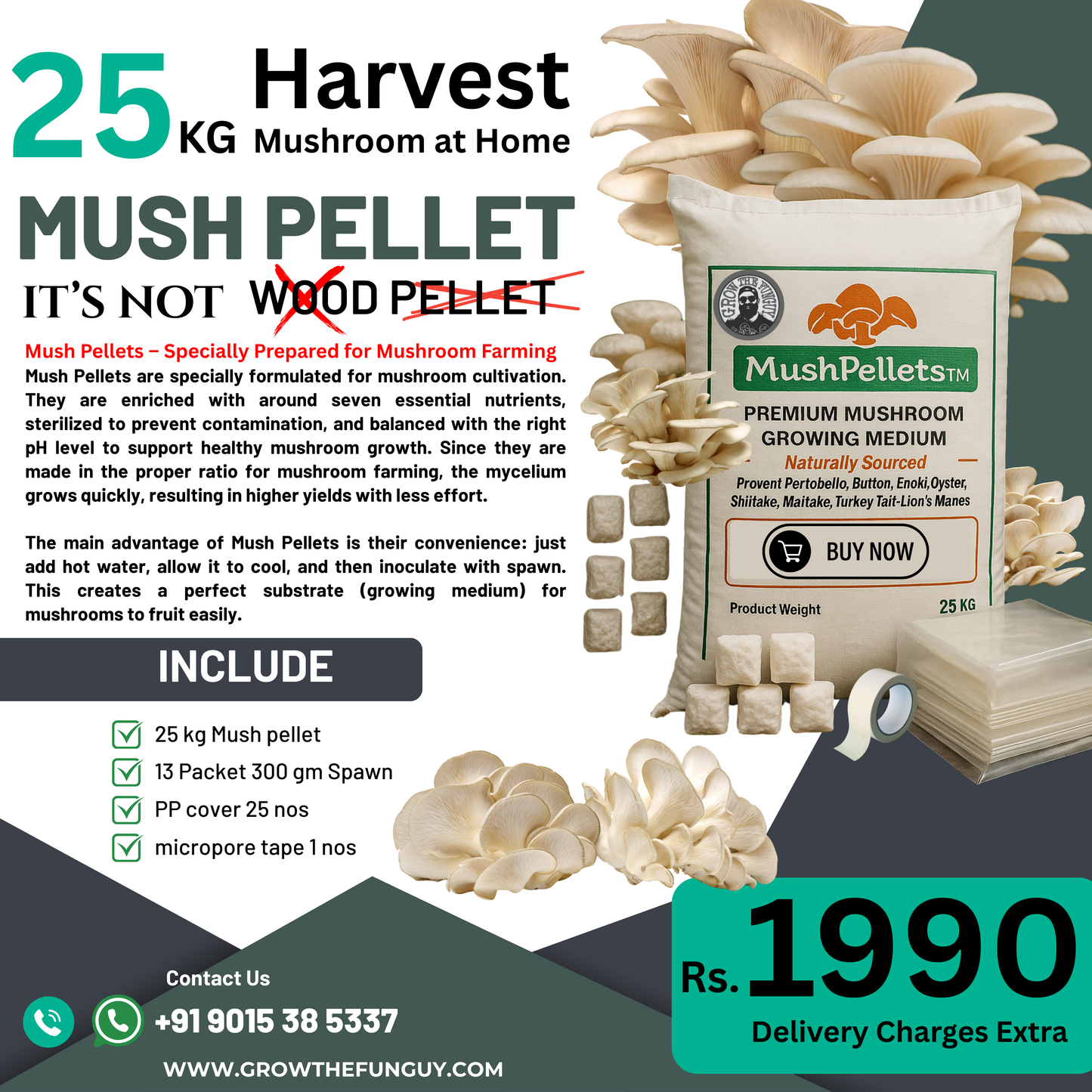25 block Oyster Mushroom growing combo - Make 25 bags of 2.5KG each for Starters