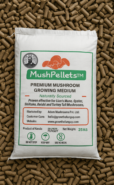 MushPellets mushroom growing medium packaging on a bed of pellets